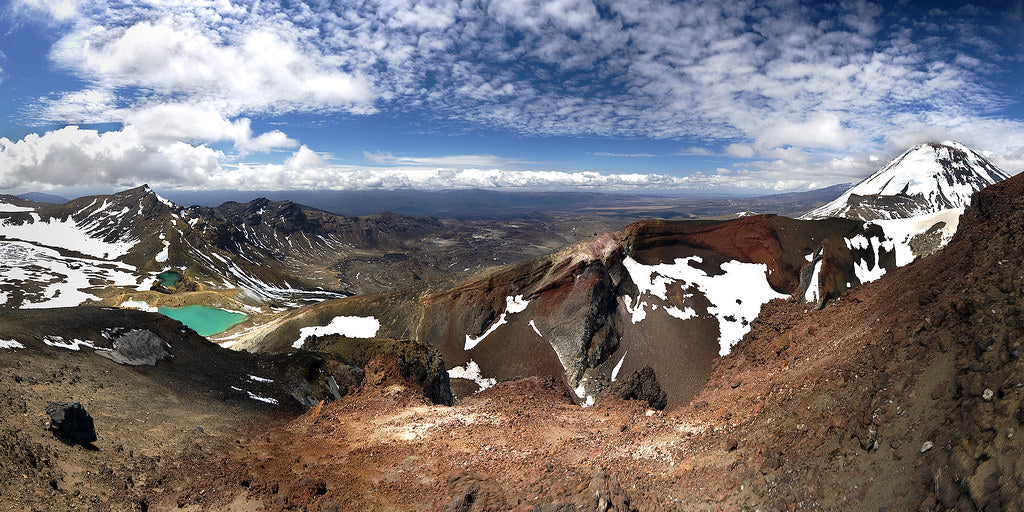 Tongariro Alpine Crossing volcanic terrain with crater and snow-capped peak