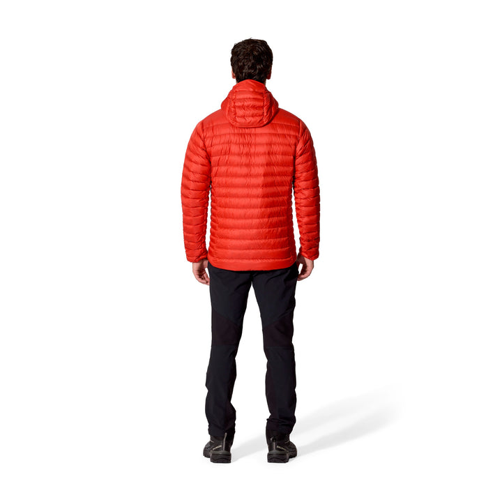 Full-length rear view of a man wearing the Rab Microlight Alpine Down Hoody in Dark Horizon.