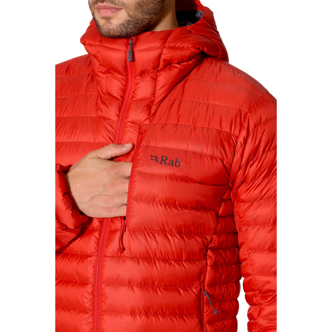 Close-up of the zipped chest pocket on the Rab Microlight Alpine Down Hoody in Dark Horizon.