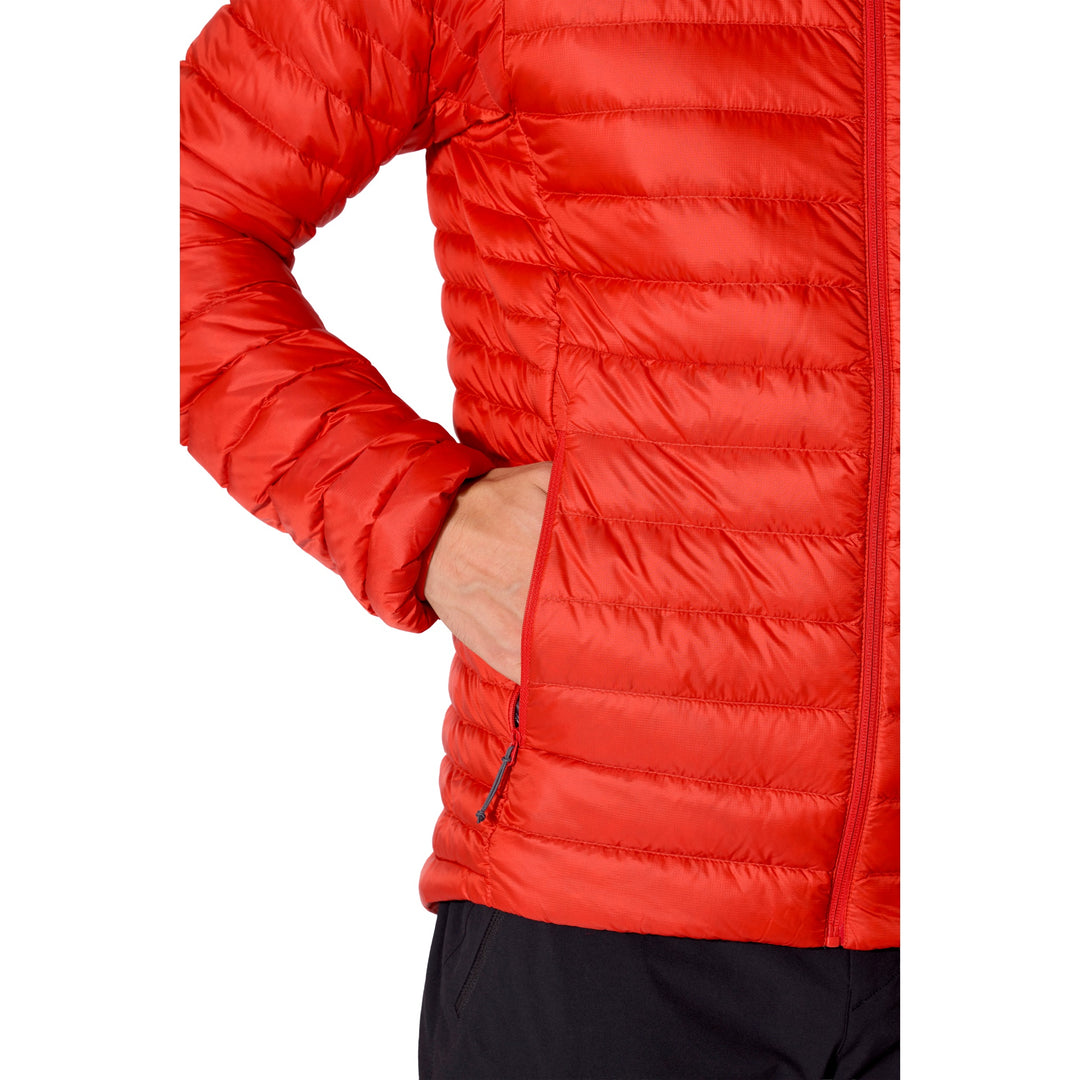 Close-up of the articulated sleeve and zipped hand pocket on the Rab Microlight Alpine Down Hoody.