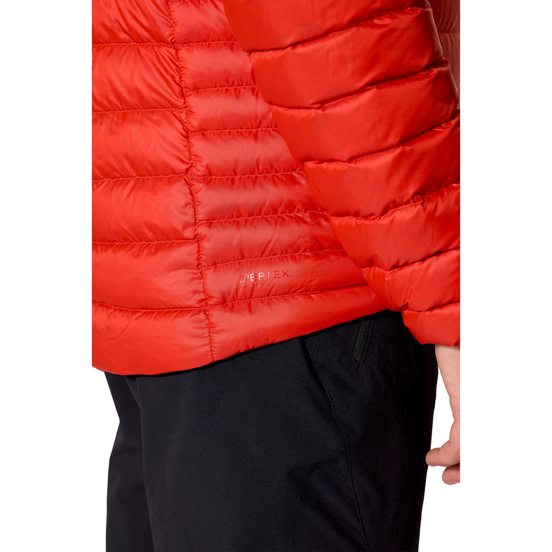 Close-up of the hand pocket and zoned baffles on the Rab Microlight Alpine Down Hoody.