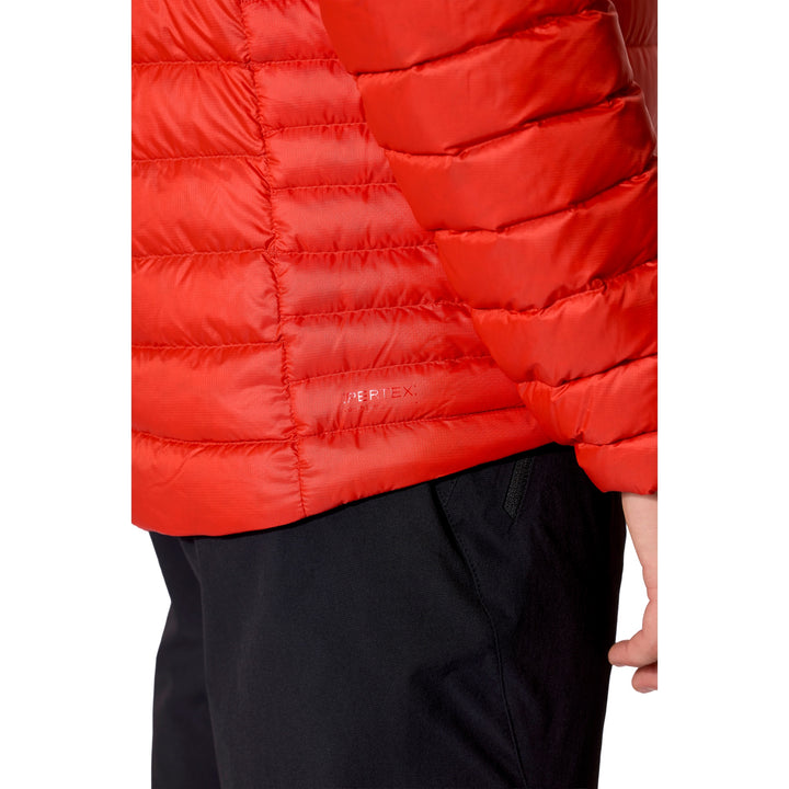 Close-up of the hand pocket and zoned baffles on the Rab Microlight Alpine Down Hoody.