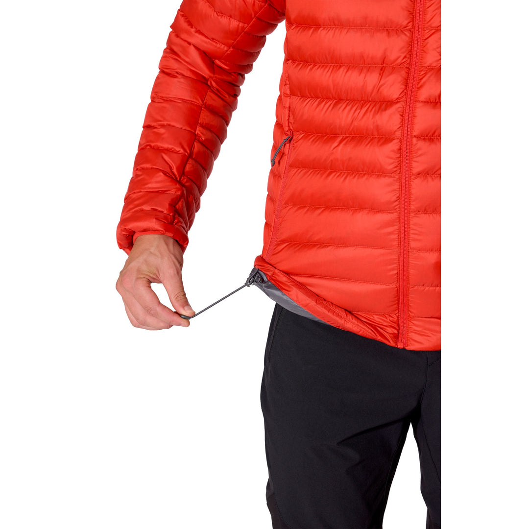 Close-up of the drawcord-adjustable hem on the Rab Microlight Alpine Down Hoody in Dark Horizon.