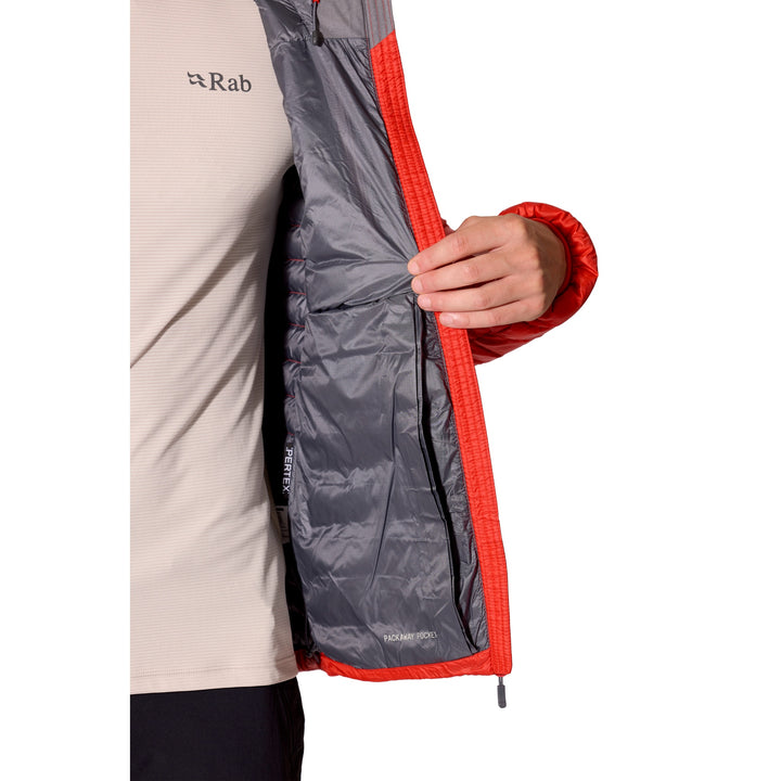 Open front view showing the lining and insulated zip baffle of the Rab Microlight Alpine Down Hoody.