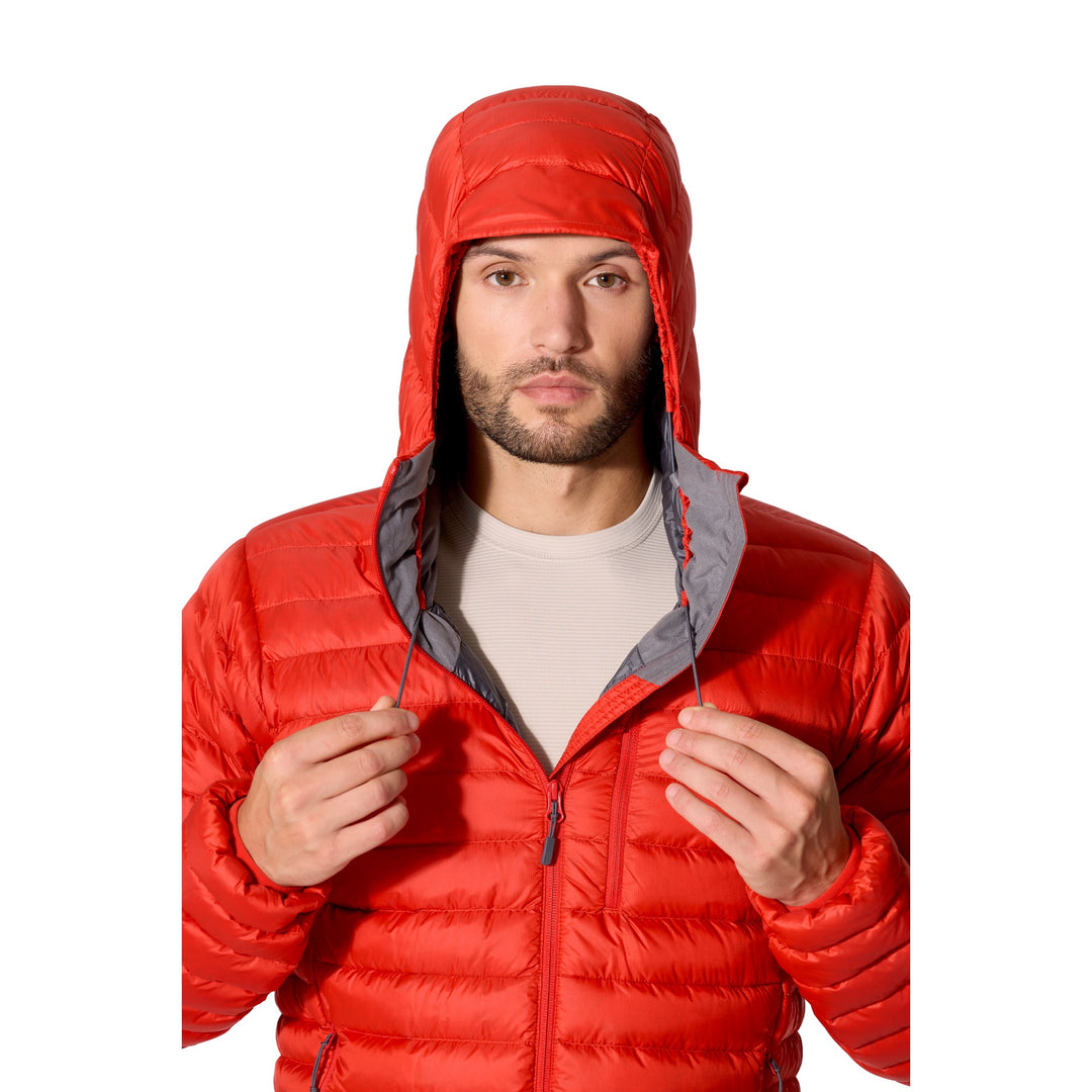 Front close-up of the adjustable hood on the Rab Microlight Alpine Down Hoody in Dark Horizon.