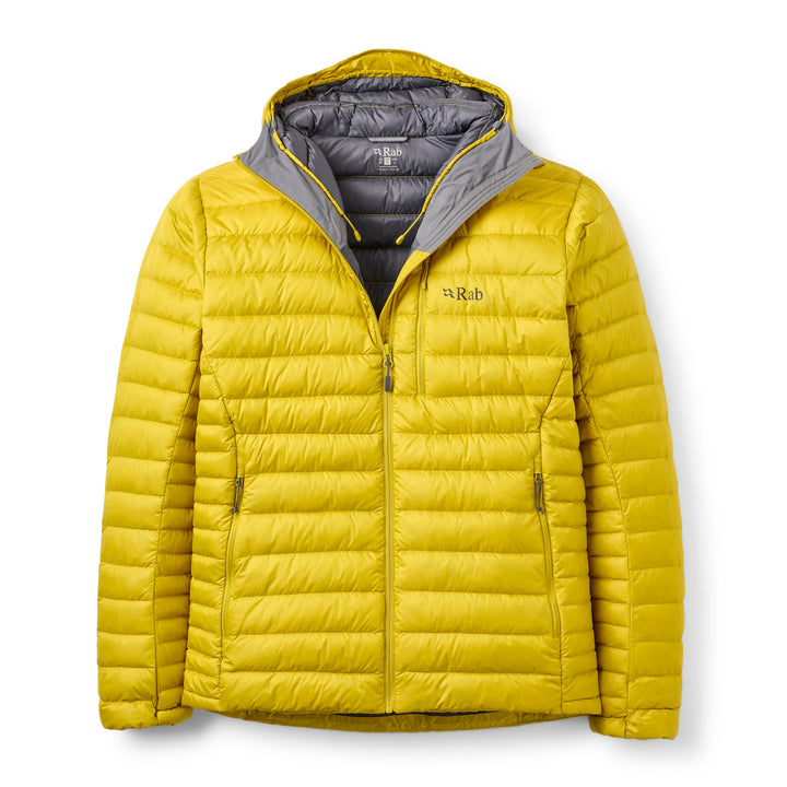 Men’s Rab Microlight Alpine Down Hoody in Dark Pollen, front packshot with hood open and grey lining.