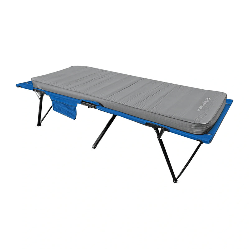 CloudMat King Single mattress on the blue Quick Set King Single stretcher, with the side pocket and folding frame visible.