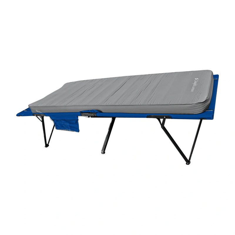 Elevated side view of the CloudMat King Single on the Quick Set stretcher, showing the sleeping surface, mattress profile and side pocket.