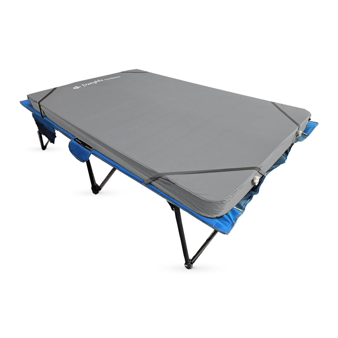 CloudMat Twin mattress on the Quick Set Queen Stretcher, shown at a three-quarter angle with grey fabric, corner straps, blue deck and folding legs.