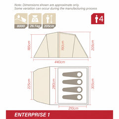 Enterprise 1: Dimension diagram showing 440 cm length, 305 cm overall width and 205 cm peak height
