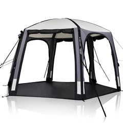 Enterprise Shelter V2: Shelter with sides rolled open and groundsheet fitted