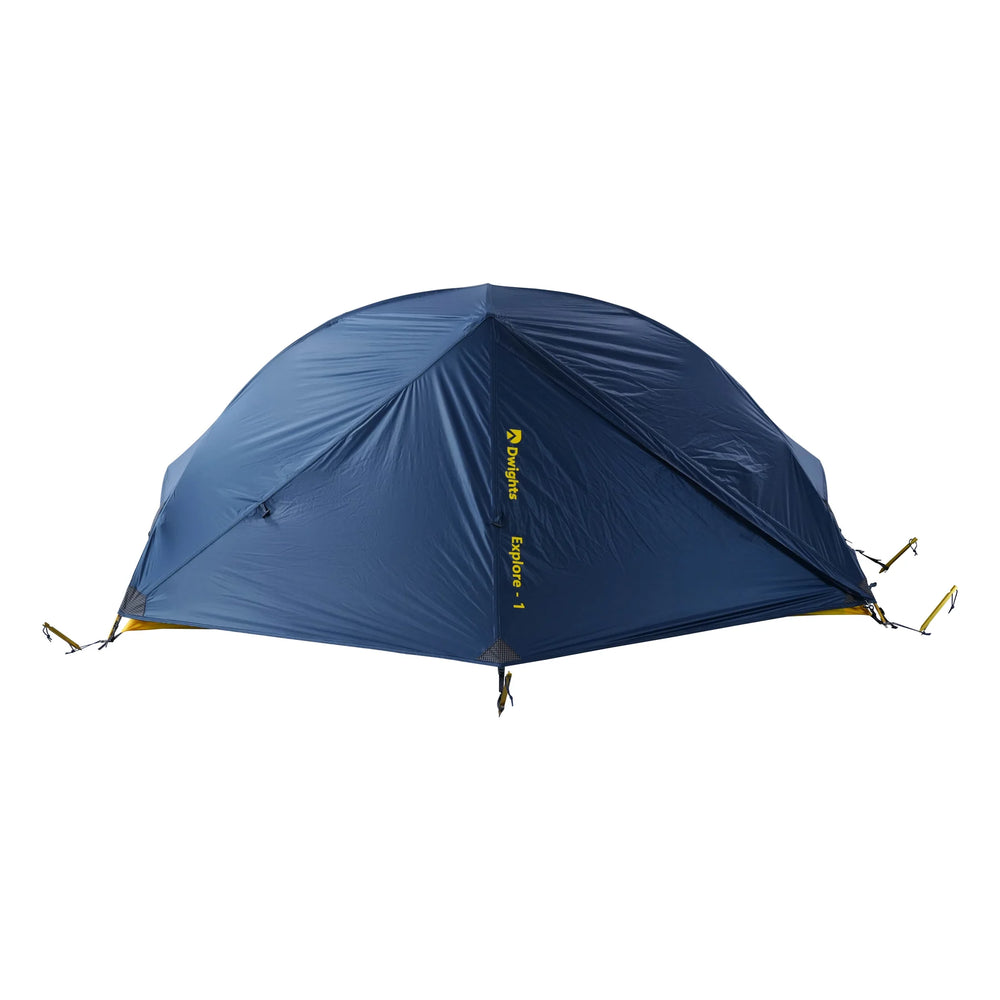 Dwights Explore 1 V2 hiking tent — blue flysheet with the door closed