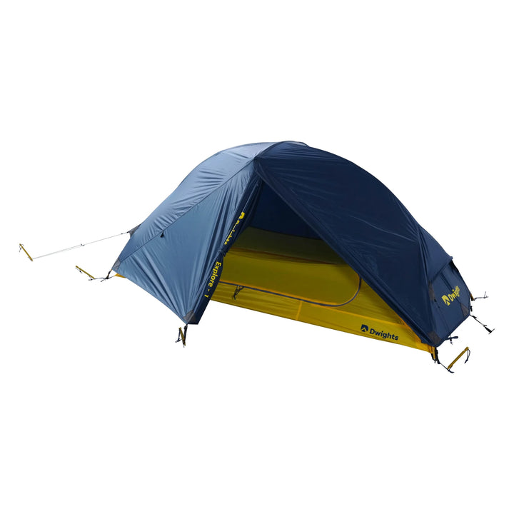 Dwights Explore 1 V2 hiking tent — blue flysheet open to show the yellow inner