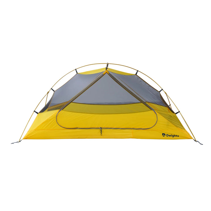 Dwights Explore 1 V2 hiking tent — yellow inner tent and mesh panels, front view