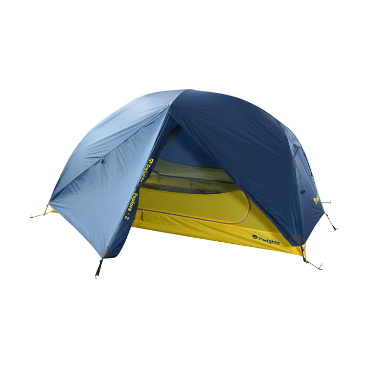 Dwights Explore 2 V2 hiking tent — blue flysheet open to show the yellow inner
