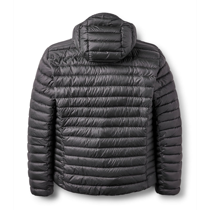 Men’s Rab Microlight Alpine Down Hoody in Anthracite, rear packshot showing the hood and zoned baffles.