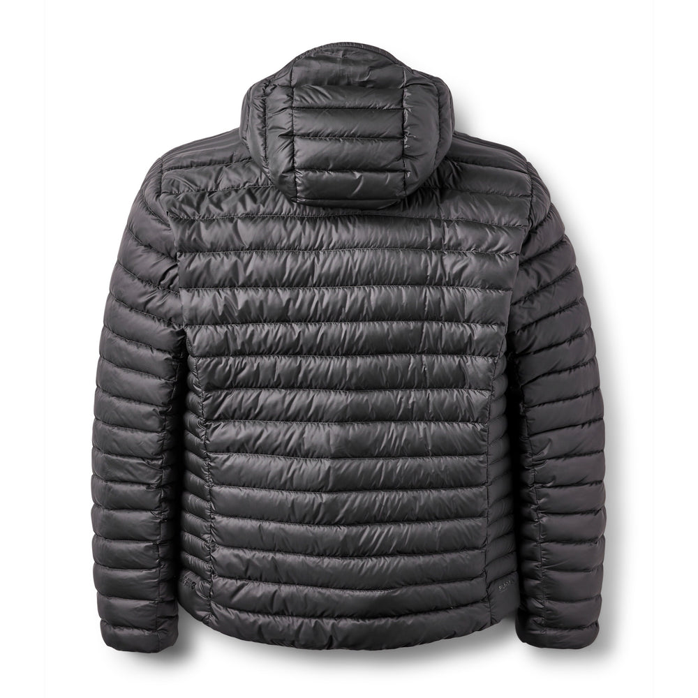 Men’s Rab Microlight Alpine Down Hoody in Anthracite, rear packshot showing the hood and zoned baffles.