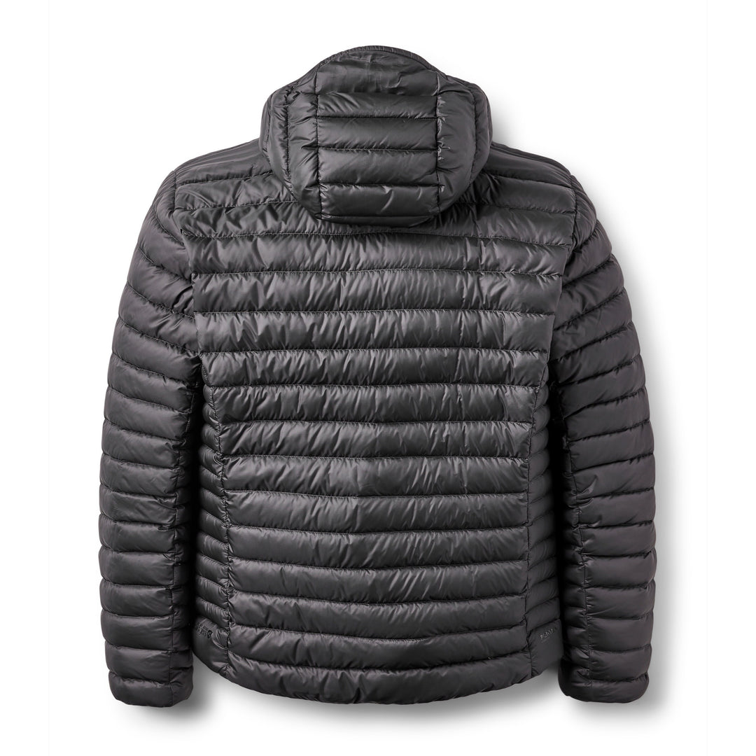 Men’s Rab Microlight Alpine Down Hoody in Anthracite, rear packshot showing the hood and zoned baffles.