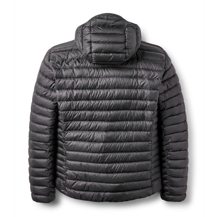 Men’s Rab Microlight Alpine Down Hoody in Anthracite, rear packshot showing the hood and zoned baffles.