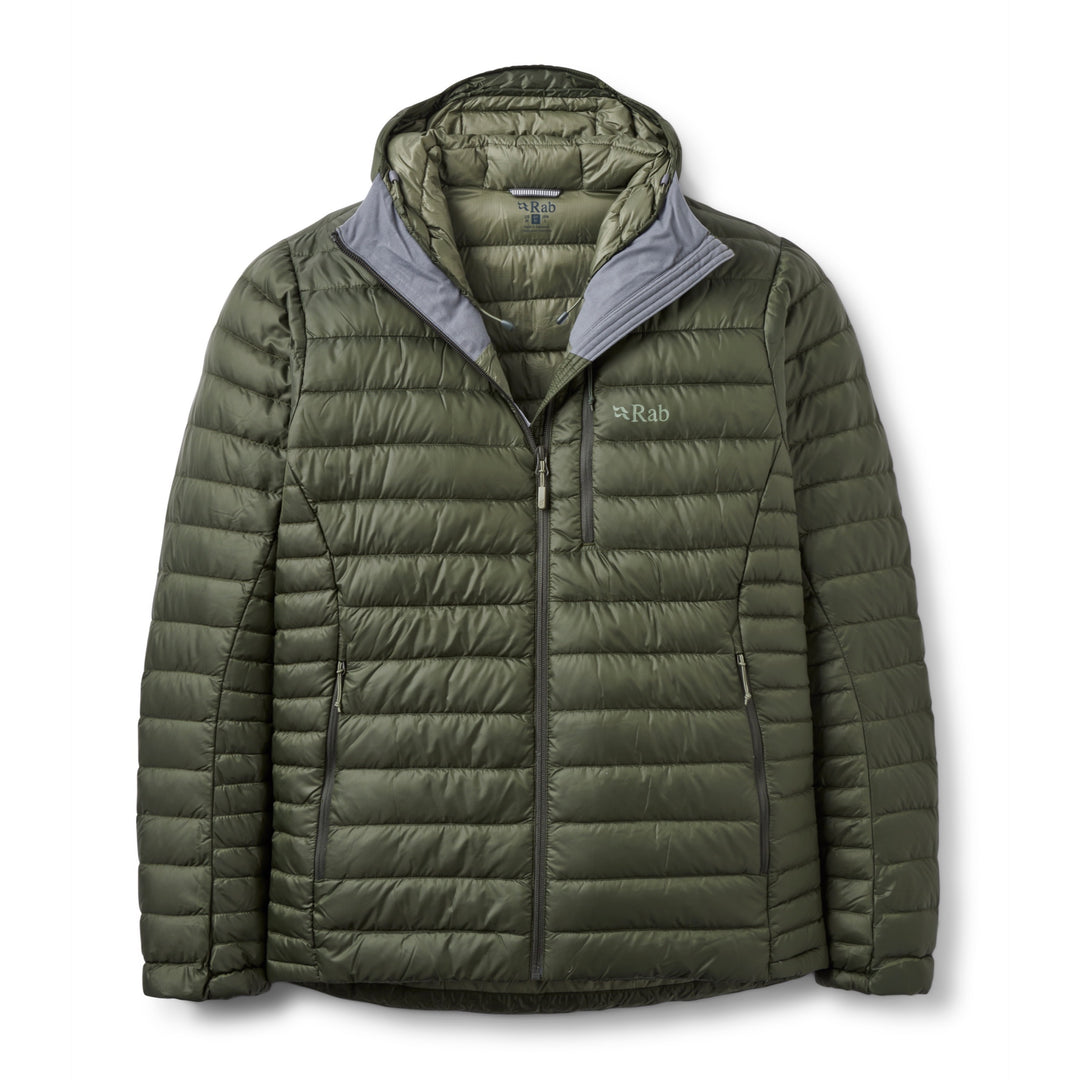 Men’s Rab Microlight Alpine Down Hoody in Army, front packshot with hood open and grey lining.