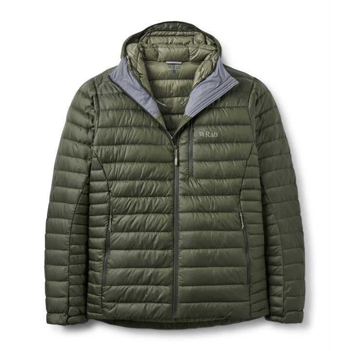 Men’s Rab Microlight Alpine Down Hoody in Army, front packshot with hood open and grey lining.