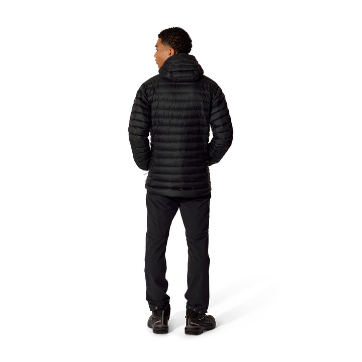Man wearing the Men’s Rab Microlight Alpine Down Hoody in Black, full-length rear fit view.