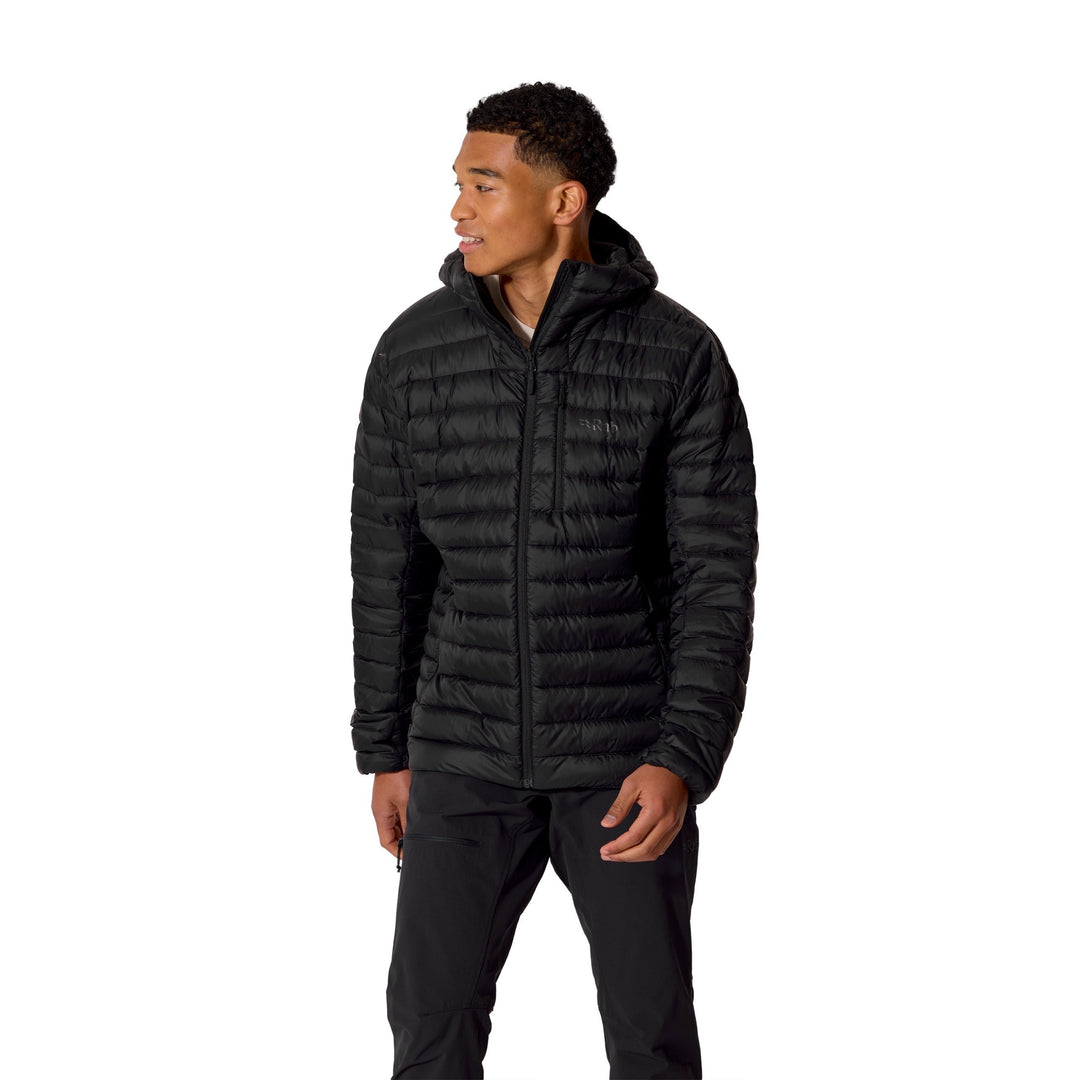 Man wearing the Men’s Rab Microlight Alpine Down Hoody in Black, three-quarter front fit view.