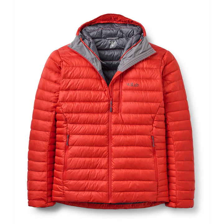 Men’s Rab Microlight Alpine Down Hoody in Dark Horizon, front packshot with hood open and grey lining.