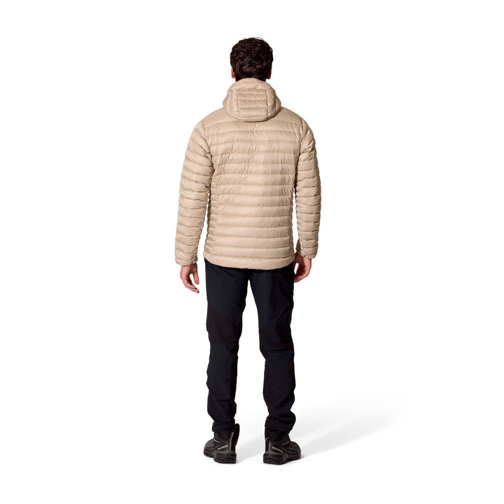Man wearing the Men’s Rab Microlight Alpine Down Hoody in Dark Pebble, full-length rear fit view.