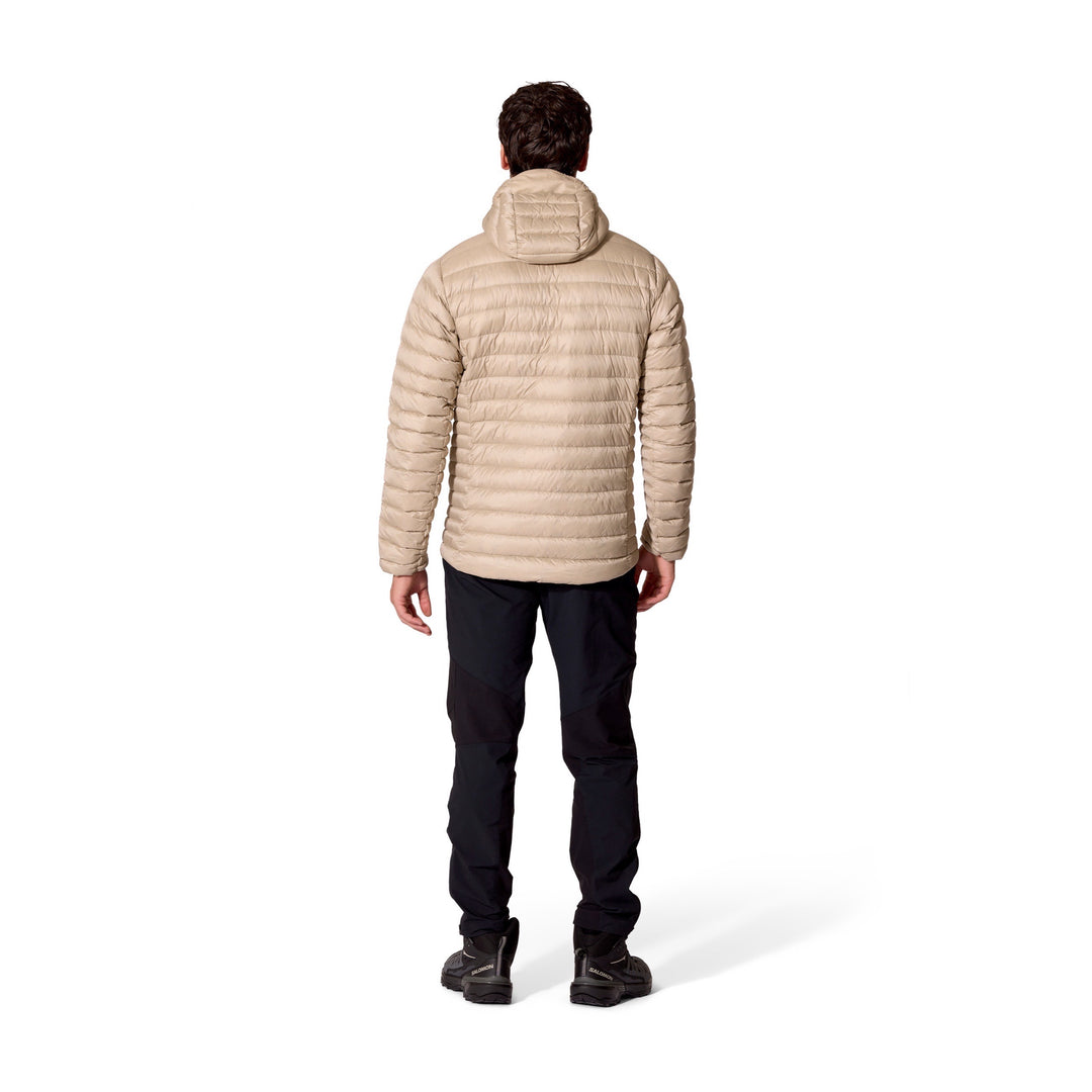 Man wearing the Men’s Rab Microlight Alpine Down Hoody in Dark Pebble, full-length rear fit view.