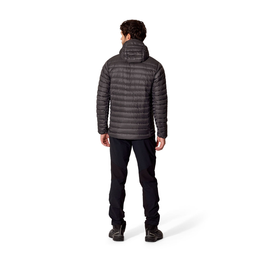 Man wearing the Men’s Rab Microlight Alpine Down Hoody in Graphene, full-length rear fit view.