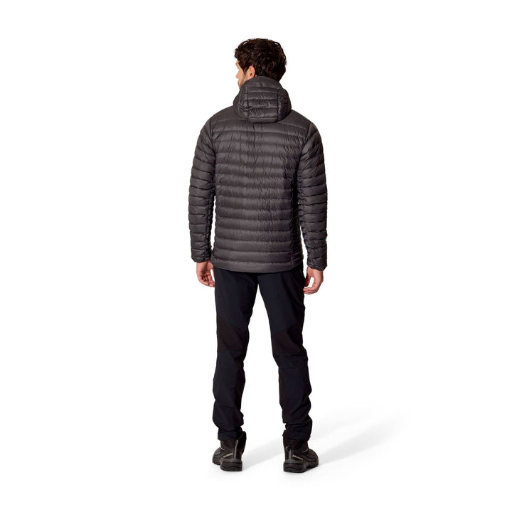 Man wearing the Men’s Rab Microlight Alpine Down Hoody in Graphene, full-length rear fit view.