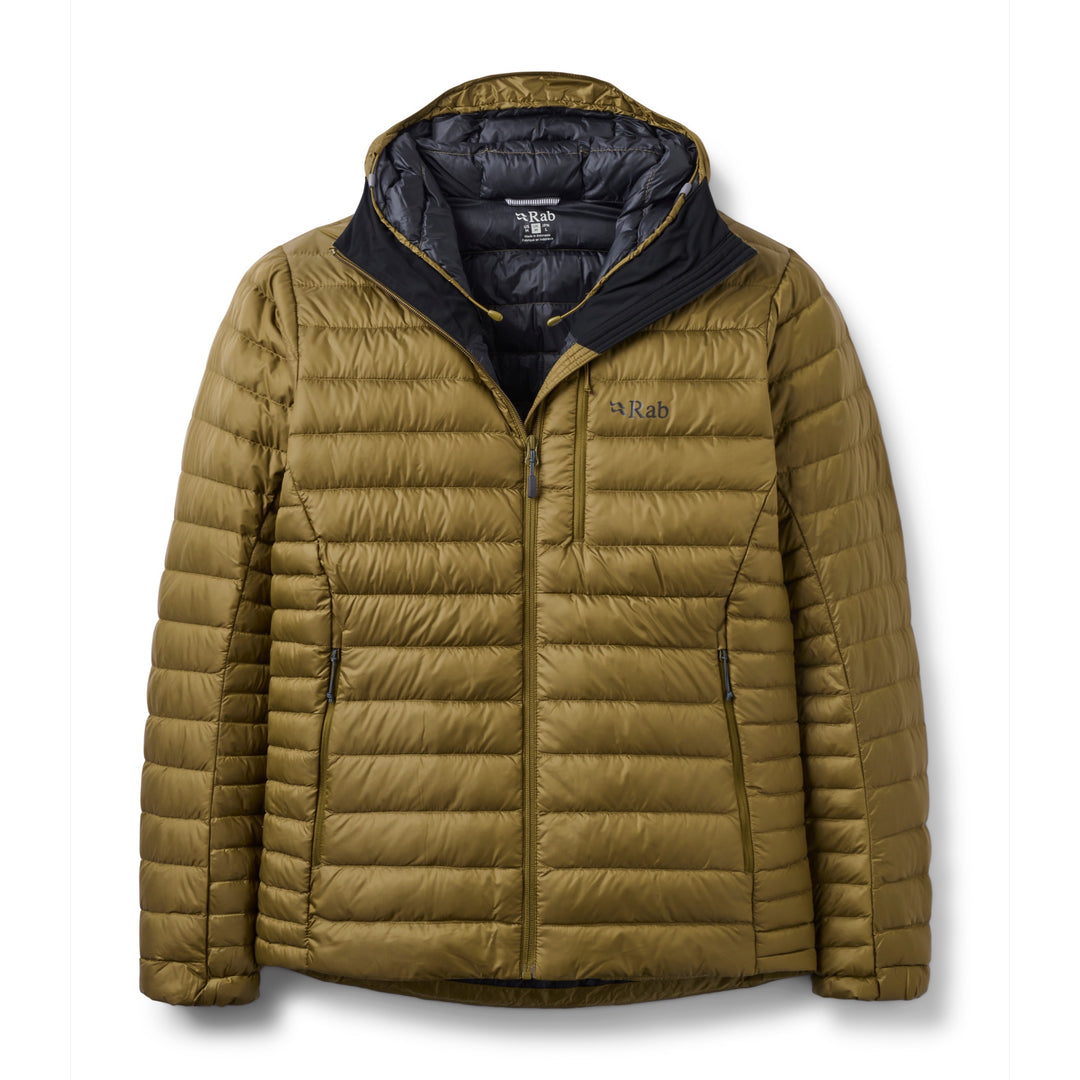 Men’s Rab Microlight Alpine Down Hoody in Oak, front packshot with hood open and black lining.