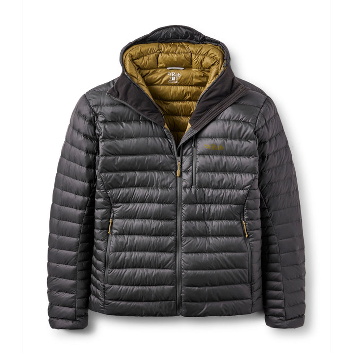 Men’s Rab Microlight Alpine Down Hoody in Anthracite, front packshot with hood open and olive lining.
