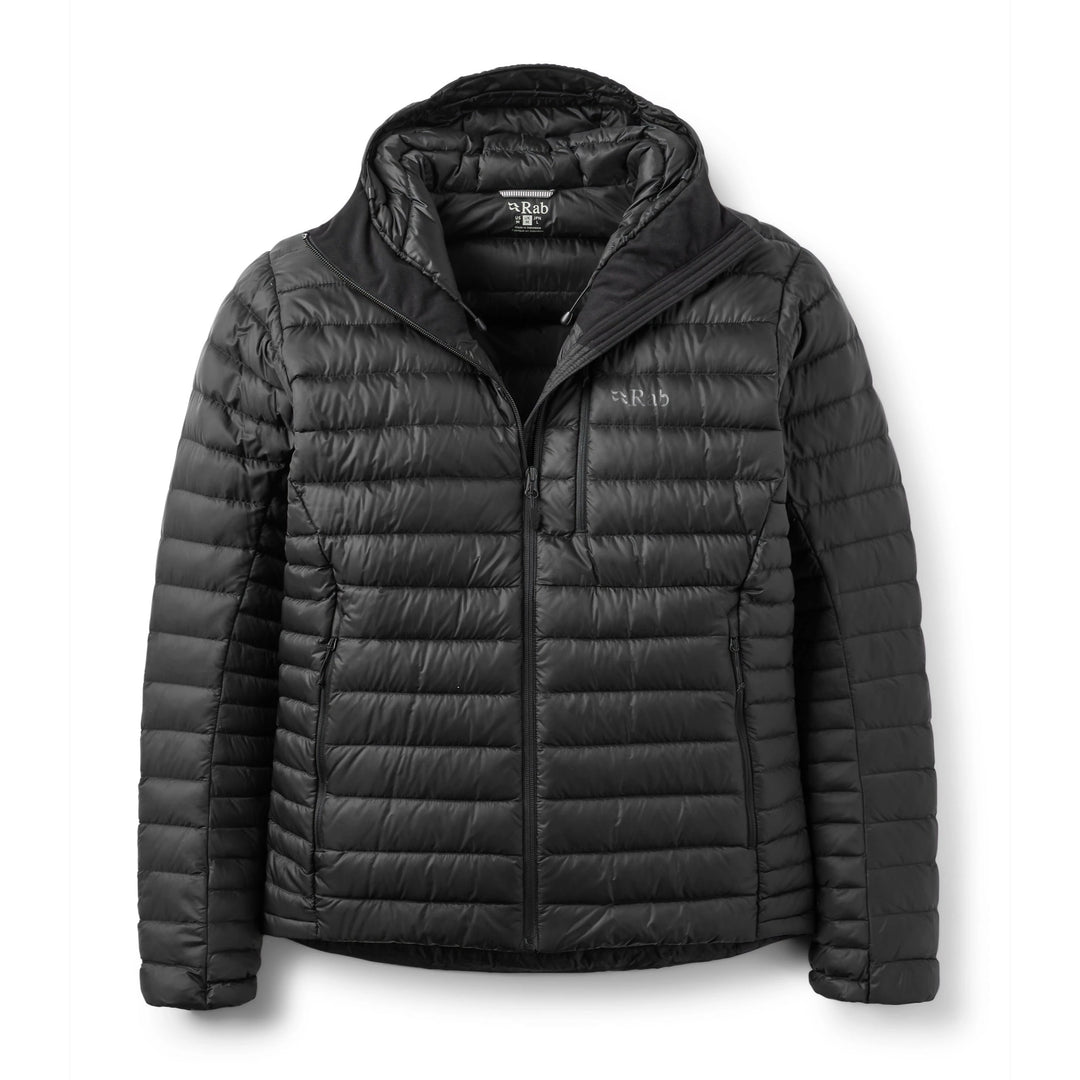 Men’s Rab Microlight Alpine Down Hoody in Black, front packshot with hood open.