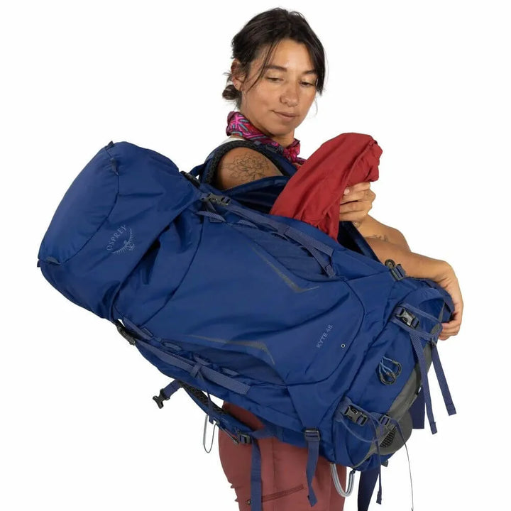 Osprey Kyte 48 in Serenity Blue, side access detail