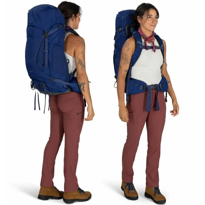 Osprey Kyte 48 in Serenity Blue, fit shown on a model