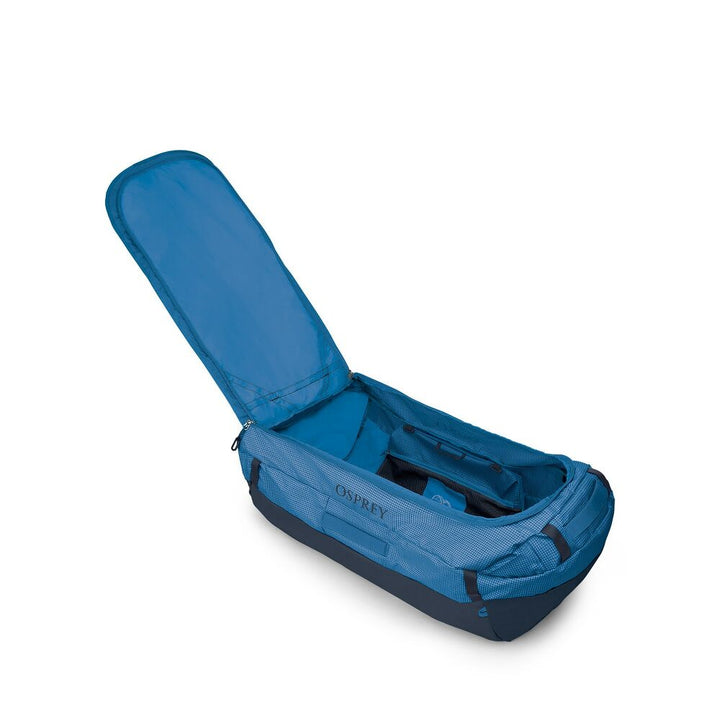 Osprey Transporter Duffel 150 in Blue Flame/Nocturnal Blue - open main compartment