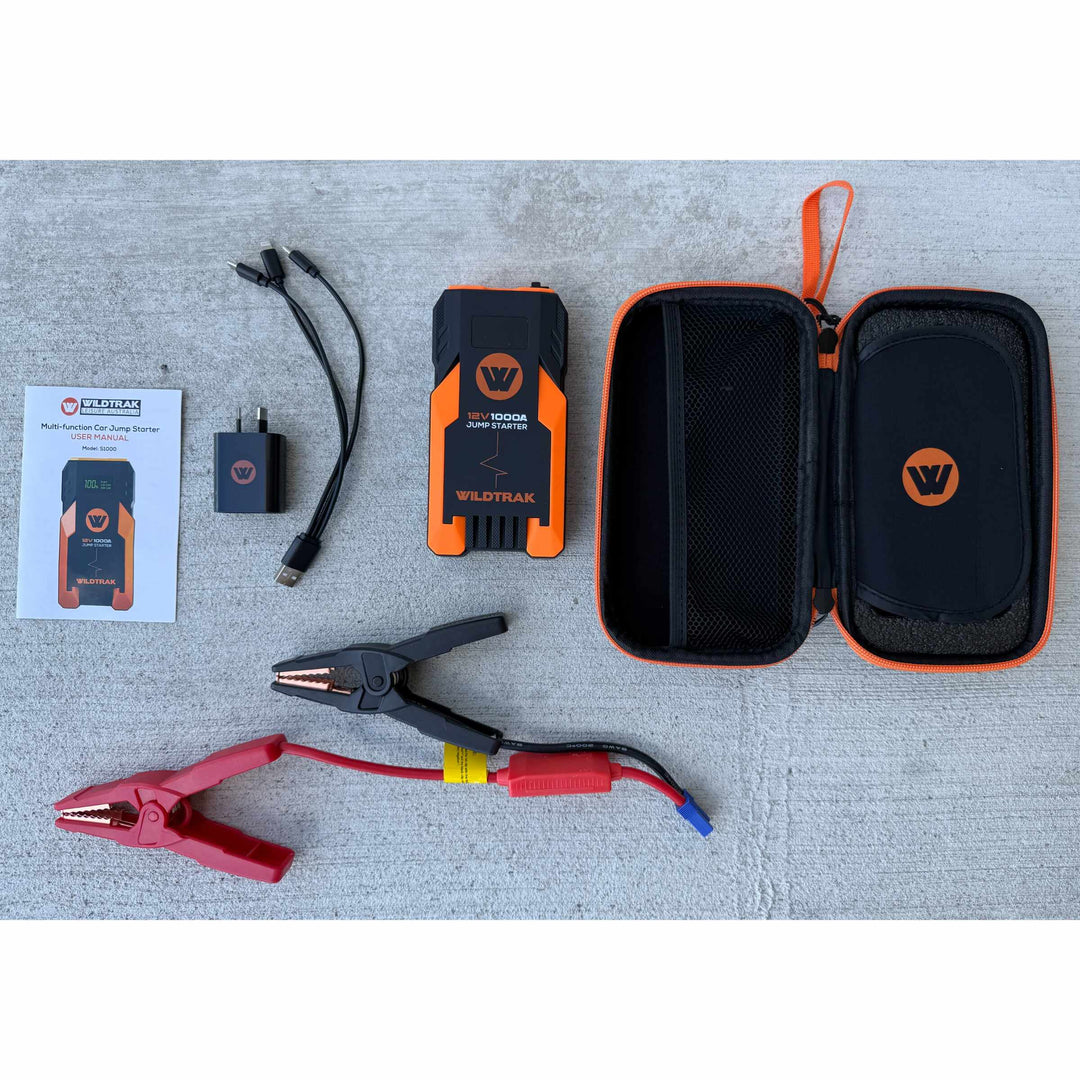 Wildtrak S1000A jump starter kit with clamps, charger, cable and case